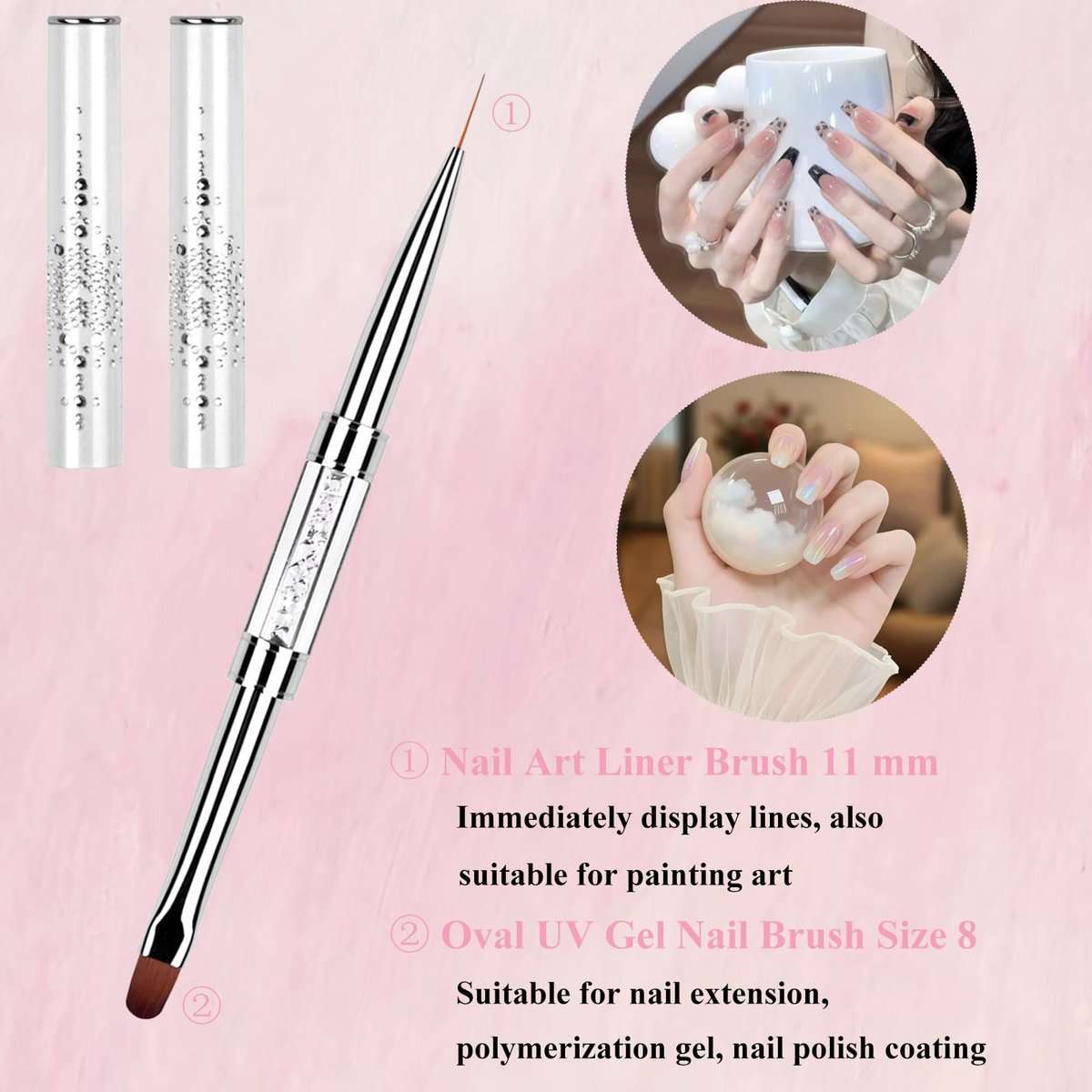 2PCS Professional French Tip Brush Set - Dual-Ended Nail Art Brushes with Rhinestone Handle for Builder Gel & Polygel - görsel 5