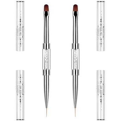2PCS Professional French Tip Brush Set - Dual-Ended Nail Art Brushes with Rhinestone Handle for Builder Gel & Polygel