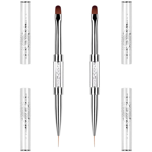 2PCS Professional French Tip Brush Set - Dual-Ended Nail Art Brushes with Rhinestone Handle for Builder Gel & Polygel