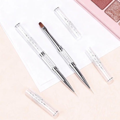 2PCS Professional French Tip Brush Set - Dual-Ended Nail Art Brushes with Rhinestone Handle for Builder Gel & Polygel