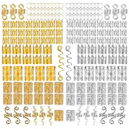 180 PCS Hair Braid Accessories Set – Gold & Silver Jewelry for Braids, Loc Jewelry, Hair Cuffs & Spiral Coils for Women
