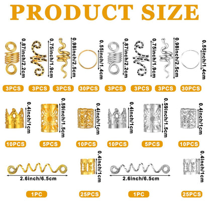 180 PCS Hair Braid Accessories Set – Gold & Silver Jewelry for Braids, Loc Jewelry, Hair Cuffs & Spiral Coils for Women