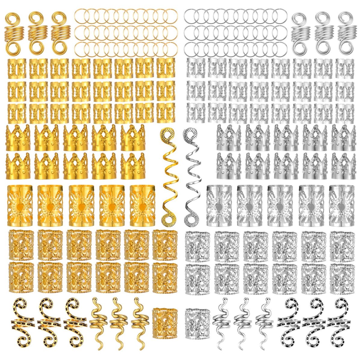 180 PCS Hair Braid Accessories Set – Gold & Silver Jewelry for Braids, Loc Jewelry, Hair Cuffs & Spiral Coils for Women - görsel 1
