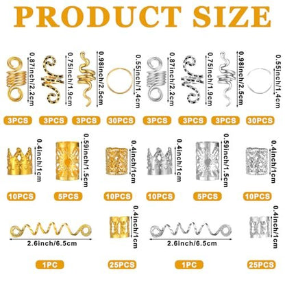 180 PCS Hair Braid Accessories Set – Gold & Silver Jewelry for Braids, Loc Jewelry, Hair Cuffs & Spiral Coils for Women