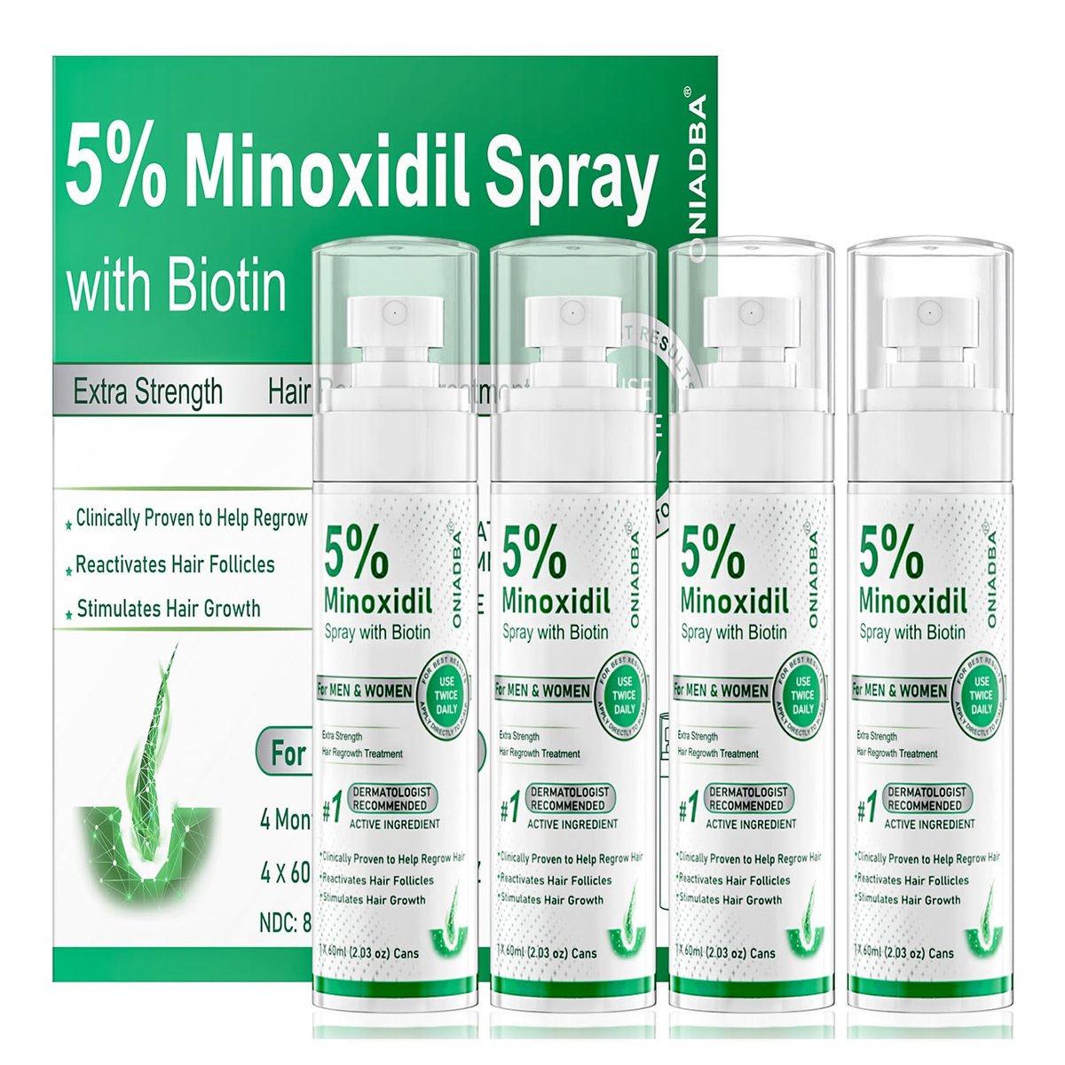 5% Minoxidil Spray for Hair Growth, 4 Pack (8.12oz), For Men & Women – Extra Strength Hair Regrowth Treatment with Biotin & Castor Oil, Supports Thicker Fuller Hair & Beard, Non-Greasy 4-Month Supply Avelisse