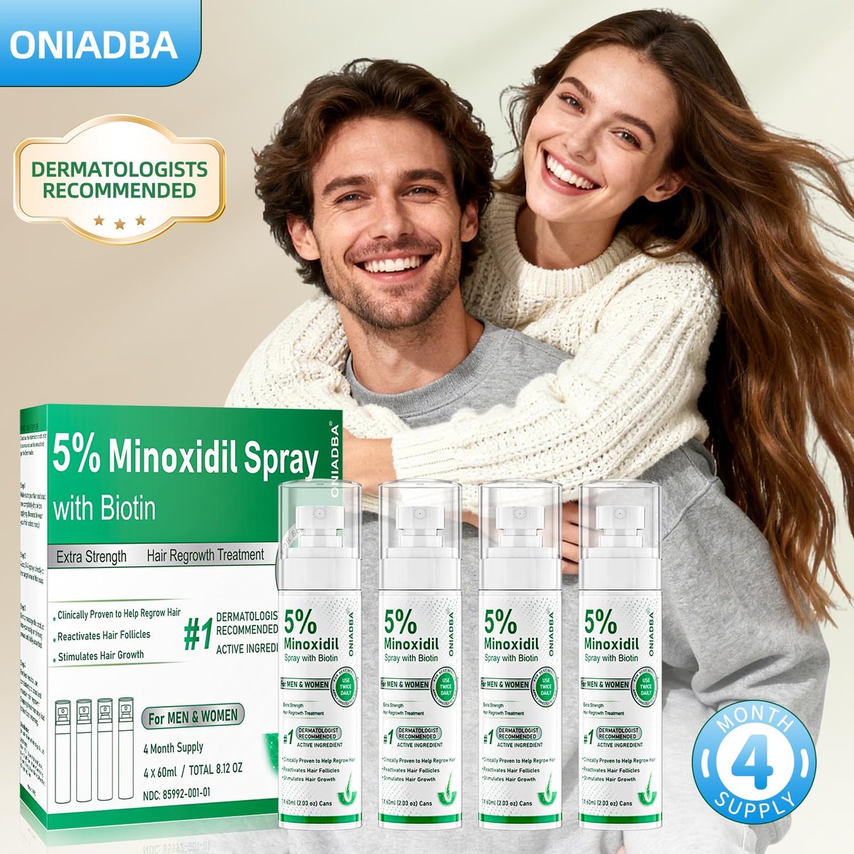 5% Minoxidil Spray for Hair Growth, 4 Pack (8.12oz), For Men & Women – Extra Strength Hair Regrowth Treatment with Biotin & Castor Oil, Supports Thicker Fuller Hair & Beard, Non-Greasy 4-Month Supply Avelisse