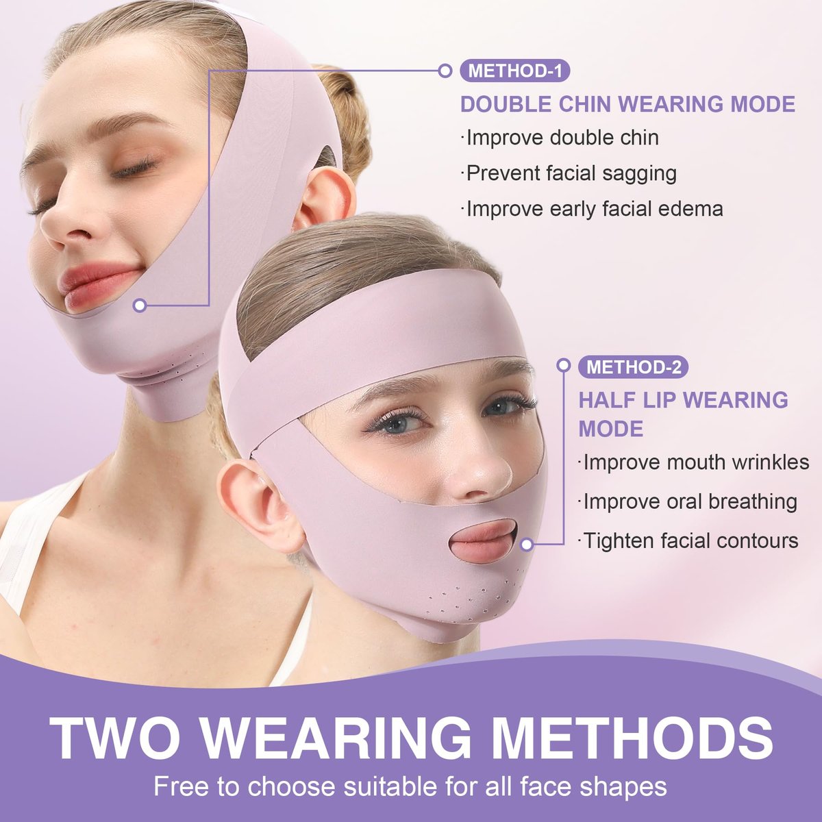 Purple Face Lift Belt - Forehead Lift Band, Breathable Comfort Pressure Forehead Bandage, Chin Up Face Lifting V-Shaped Strap - görsel 6