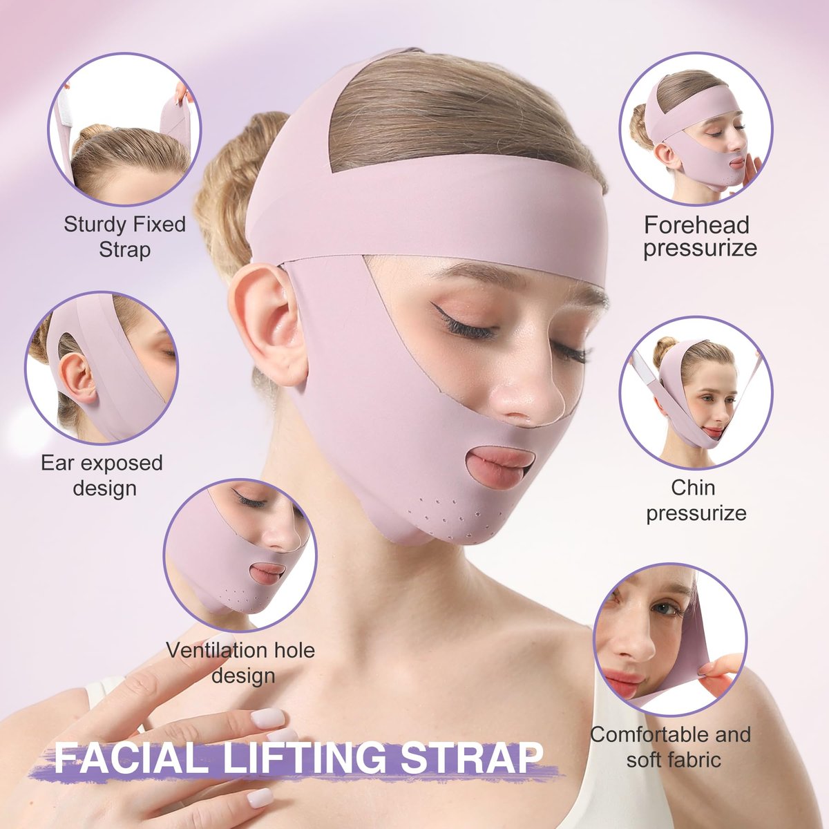 Purple Face Lift Belt - Forehead Lift Band, Breathable Comfort Pressure Forehead Bandage, Chin Up Face Lifting V-Shaped Strap - görsel 4