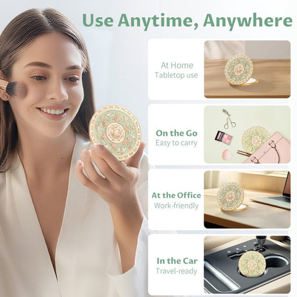 Imperblooms Compact Mirror - Mini Travel Makeup Mirror with Magnification, Portable Folding Vanity Mirror for Purse, Bag, or Pocket - Includes Cute Storage Pouch (Green, 3x3 inch) Avelisse