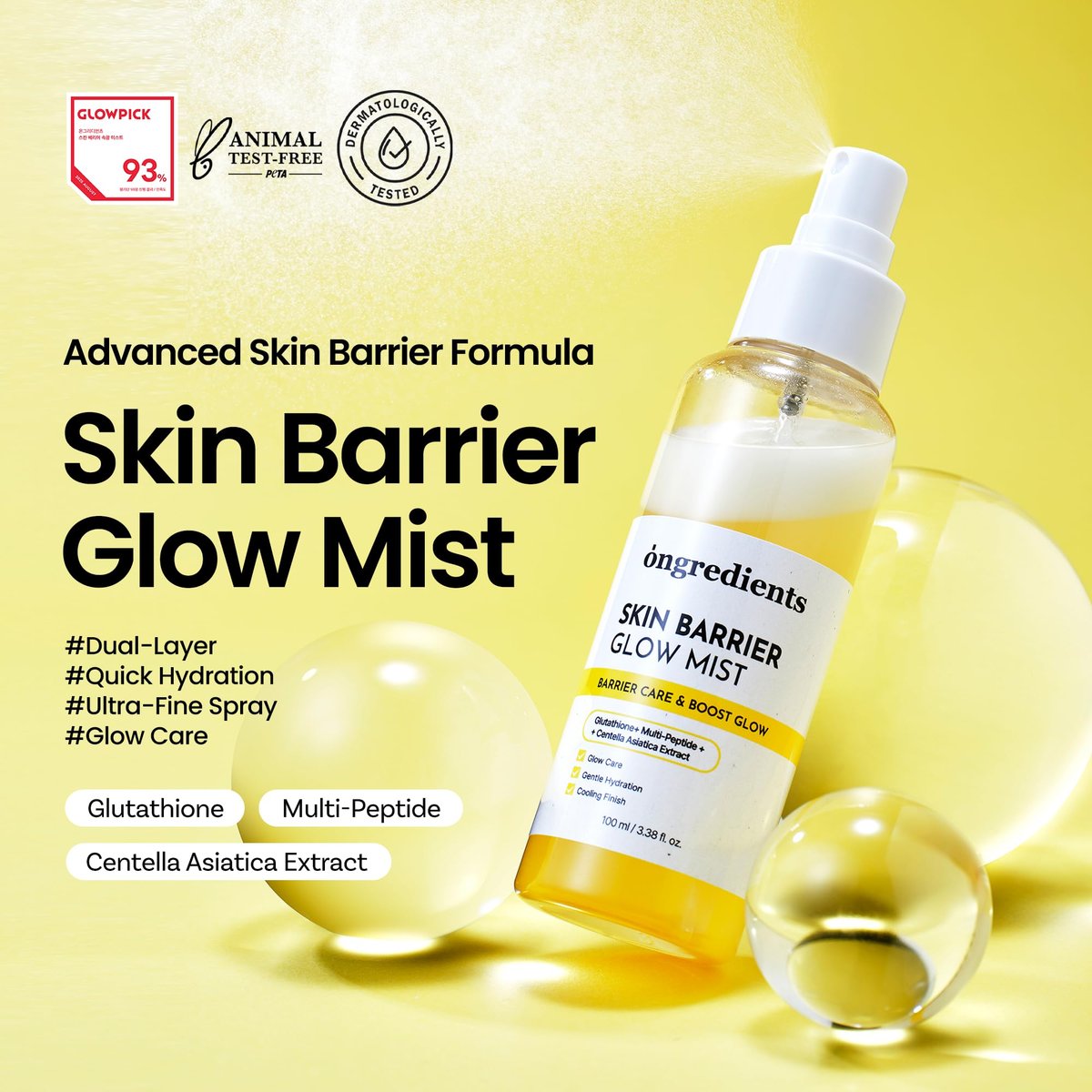 ONGREDIENTS Skin Barrier Glow Mist - Dual-Layer Facial Mist with 98% Pure Glutathione, Multi-Peptide, Centella, Ultra-Fine Spray, Cooling, for Dry and Sensitive Skin, Korean Skin Care, 3.38 fl. oz. Avelisse
