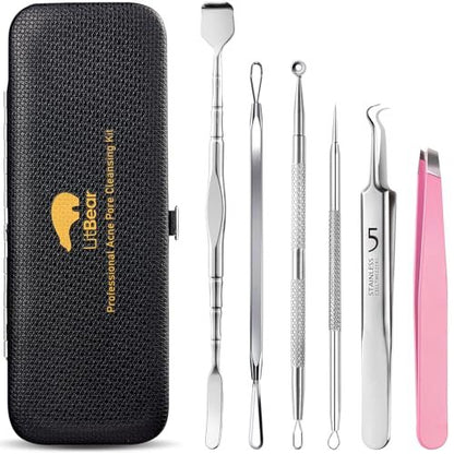 Litbear 6-Piece Stainless Steel Blackhead Remover Tool Kit with Leather Case – Pimple Popper & Acne Extractor for Deep Cleansing