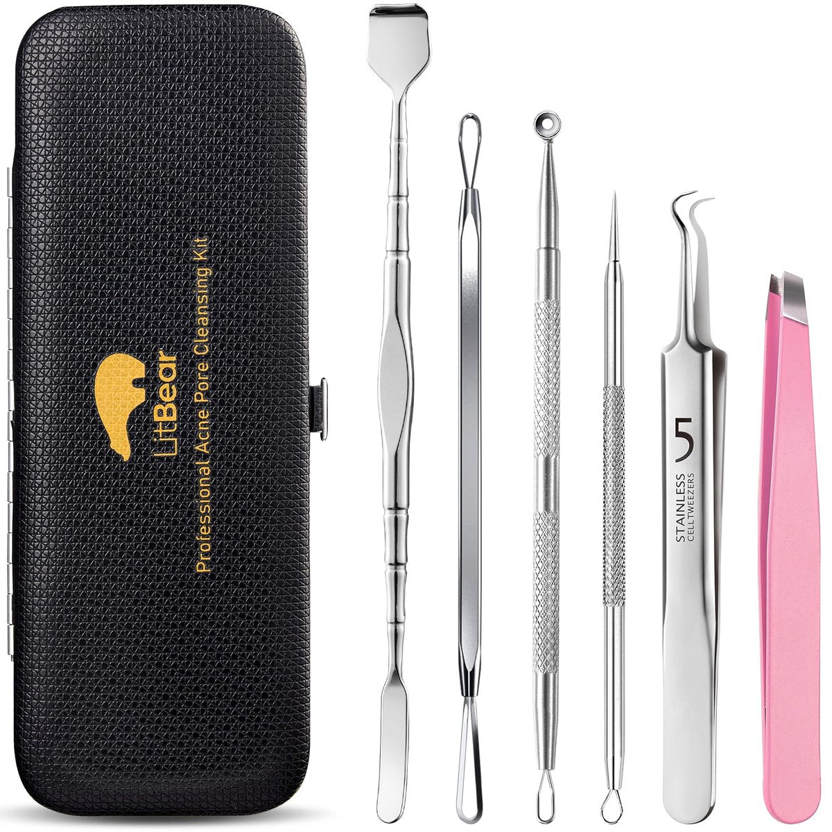 Litbear 6-Piece Stainless Steel Blackhead Remover Tool Kit with Leather Case – Pimple Popper & Acne Extractor for Deep Cleansing - görsel 1