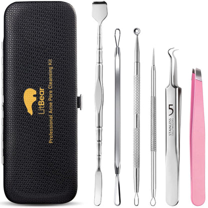 Litbear 6-Piece Stainless Steel Blackhead Remover Tool Kit with Leather Case – Pimple Popper & Acne Extractor for Deep Cleansing