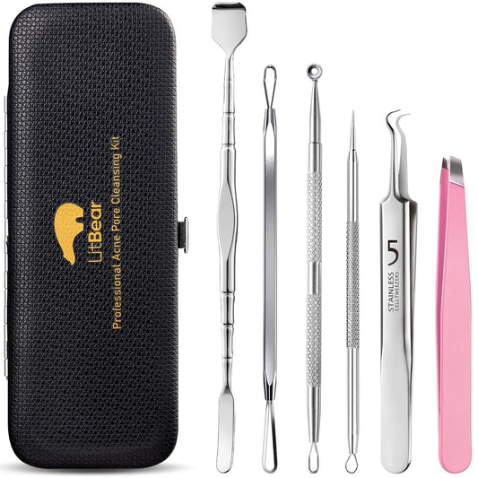 Litbear 6-Piece Stainless Steel Blackhead Remover Tool Kit with Leather Case – Pimple Popper & Acne Extractor for Deep Cleansing