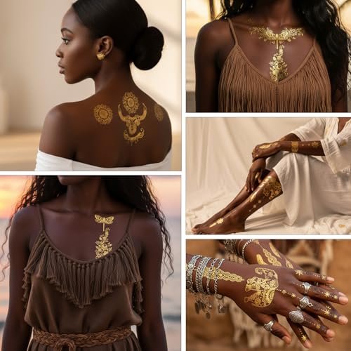Nogeqi 9 Sheets Gold Temporary Tattoos for Women – Glitter Flash Tattoo Stickers Metallic Sun Moon Star for Festivals Parties Makeup Cosplay - görsel 12