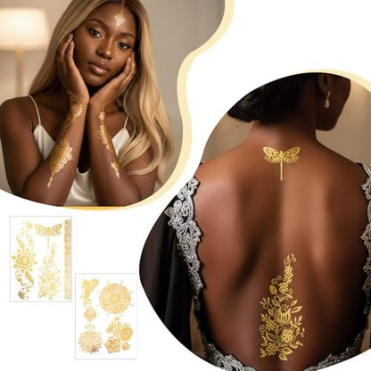 Nogeqi 9 Sheets Gold Temporary Tattoos for Women – Glitter Flash Tattoo Stickers Metallic Sun Moon Star for Festivals Parties Makeup Cosplay