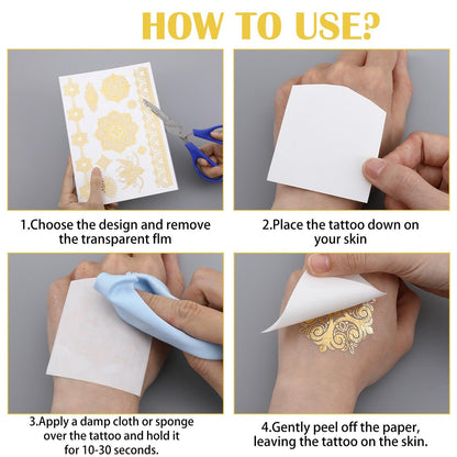 Nogeqi 9 Sheets Gold Temporary Tattoos for Women – Glitter Flash Tattoo Stickers Metallic Sun Moon Star for Festivals Parties Makeup Cosplay