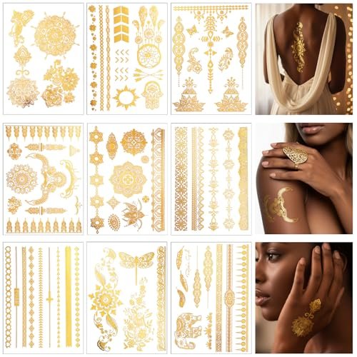 Nogeqi 9 Sheets Gold Temporary Tattoos for Women – Glitter Flash Tattoo Stickers Metallic Sun Moon Star for Festivals Parties Makeup Cosplay - görsel 2