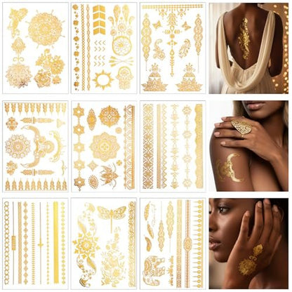 Nogeqi 9 Sheets Gold Temporary Tattoos for Women – Glitter Flash Tattoo Stickers Metallic Sun Moon Star for Festivals Parties Makeup Cosplay
