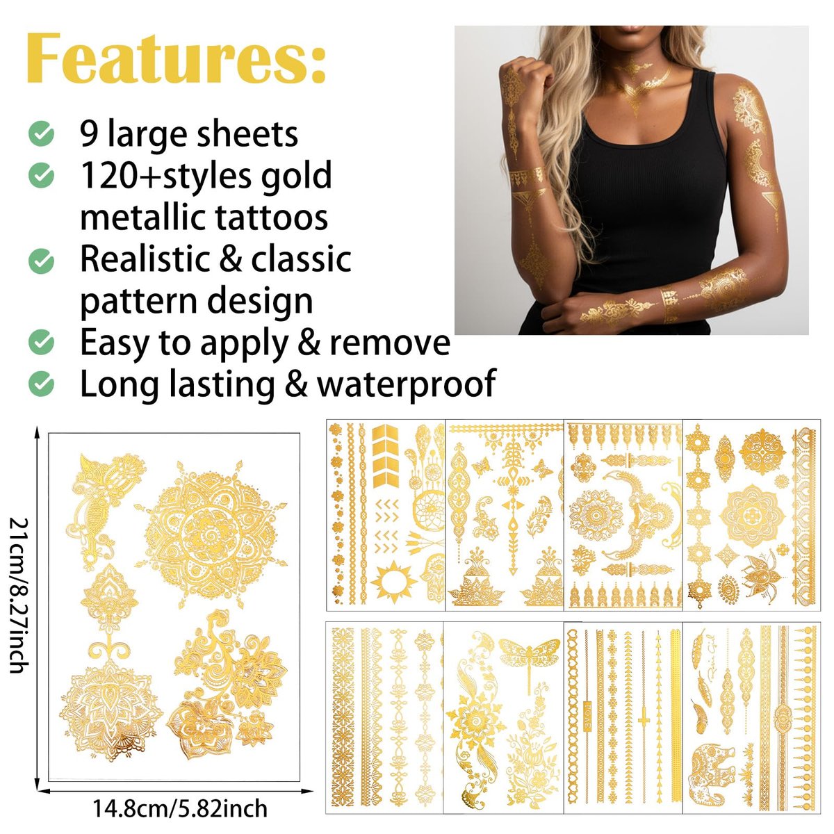 Nogeqi 9 Sheets Gold Temporary Tattoos for Women – Glitter Flash Tattoo Stickers Metallic Sun Moon Star for Festivals Parties Makeup Cosplay - görsel 3