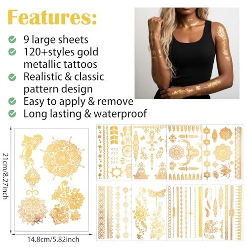 Nogeqi 9 Sheets Gold Temporary Tattoos for Women – Glitter Flash Tattoo Stickers Metallic Sun Moon Star for Festivals Parties Makeup Cosplay - görsel 4