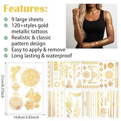 Nogeqi 9 Sheets Gold Temporary Tattoos for Women – Glitter Flash Tattoo Stickers Metallic Sun Moon Star for Festivals Parties Makeup Cosplay
