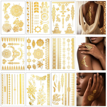 Nogeqi 9 Sheets Gold Temporary Tattoos for Women – Glitter Flash Tattoo Stickers Metallic Sun Moon Star for Festivals Parties Makeup Cosplay