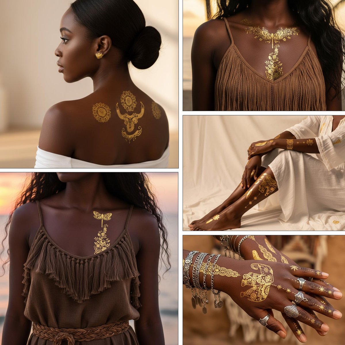 Nogeqi 9 Sheets Gold Temporary Tattoos for Women – Glitter Flash Tattoo Stickers Metallic Sun Moon Star for Festivals Parties Makeup Cosplay - görsel 11