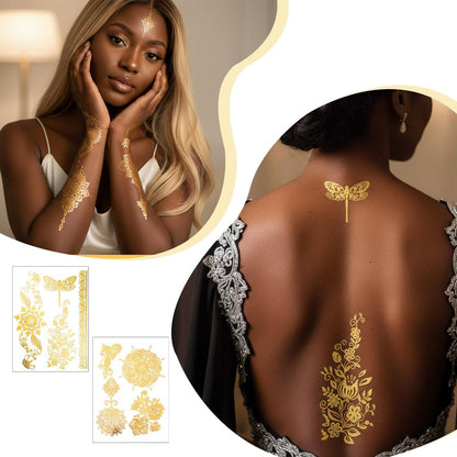 Nogeqi 9 Sheets Gold Temporary Tattoos for Women – Glitter Flash Tattoo Stickers Metallic Sun Moon Star for Festivals Parties Makeup Cosplay