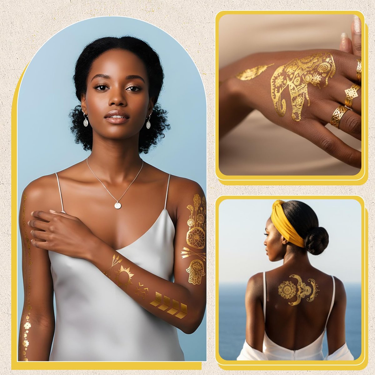 Nogeqi 9 Sheets Gold Temporary Tattoos for Women – Glitter Flash Tattoo Stickers Metallic Sun Moon Star for Festivals Parties Makeup Cosplay - görsel 9