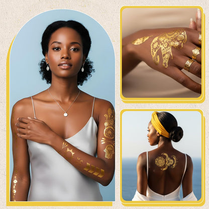 Nogeqi 9 Sheets Gold Temporary Tattoos for Women – Glitter Flash Tattoo Stickers Metallic Sun Moon Star for Festivals Parties Makeup Cosplay