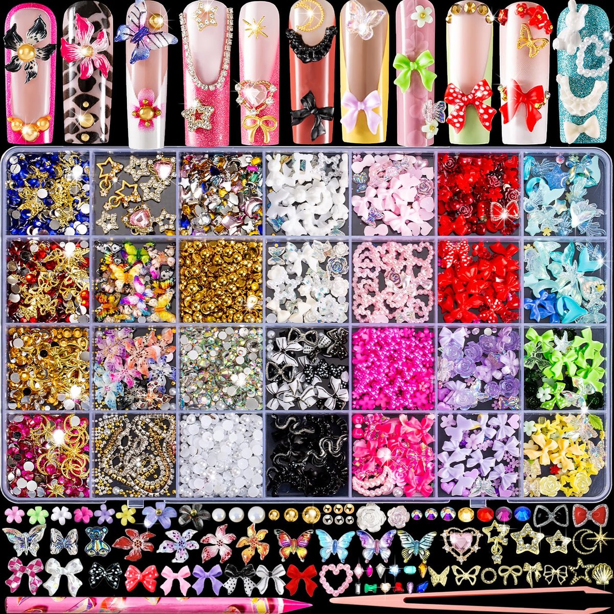 8000pcs 3D Nail Charms and Gems - Cute Rhinestones Variety Pack for Nail Art, Butterfly Bow Moon Star Flower Gold Pearls - görsel 2