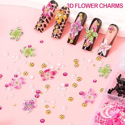 8000pcs 3D Nail Charms and Gems - Cute Rhinestones Variety Pack for Nail Art, Butterfly Bow Moon Star Flower Gold Pearls