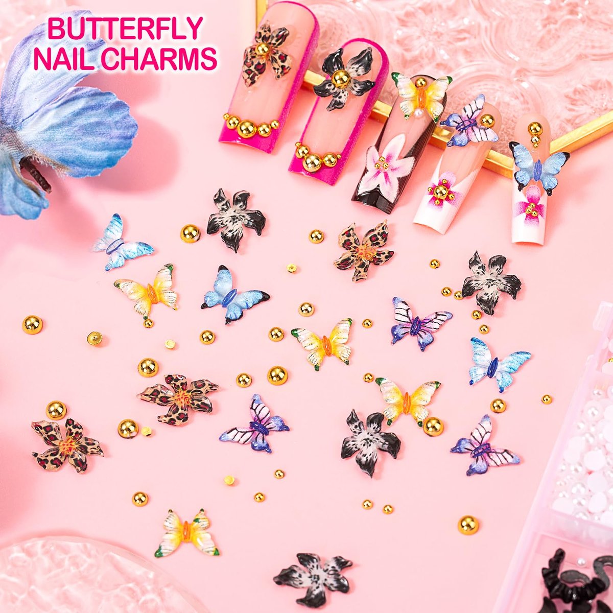 8000pcs 3D Nail Charms and Gems - Cute Rhinestones Variety Pack for Nail Art, Butterfly Bow Moon Star Flower Gold Pearls - görsel 6