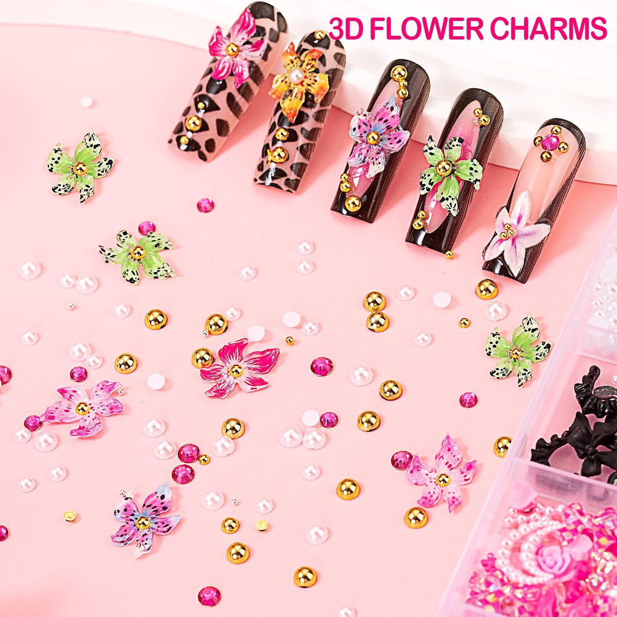 8000pcs 3D Nail Charms and Gems - Cute Rhinestones Variety Pack for Nail Art, Butterfly Bow Moon Star Flower Gold Pearls - görsel 8