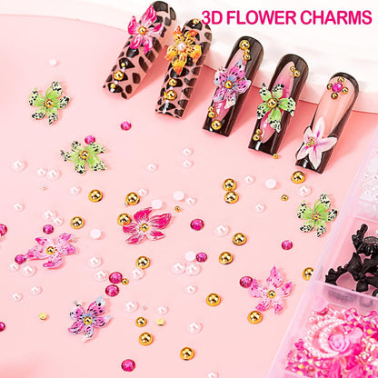 8000pcs 3D Nail Charms and Gems - Cute Rhinestones Variety Pack for Nail Art, Butterfly Bow Moon Star Flower Gold Pearls