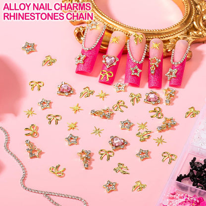 8000pcs 3D Nail Charms and Gems - Cute Rhinestones Variety Pack for Nail Art, Butterfly Bow Moon Star Flower Gold Pearls