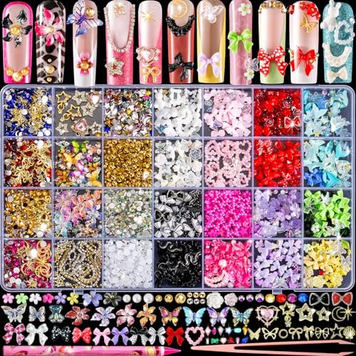 8000pcs 3D Nail Charms and Gems - Cute Rhinestones Variety Pack for Nail Art, Butterfly Bow Moon Star Flower Gold Pearls - görsel 1