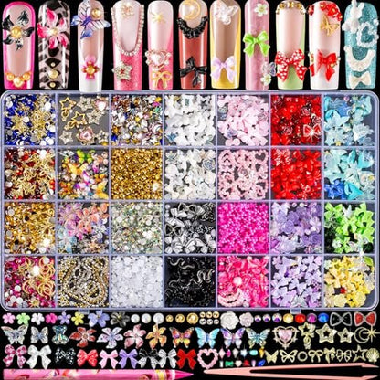 8000pcs 3D Nail Charms and Gems - Cute Rhinestones Variety Pack for Nail Art, Butterfly Bow Moon Star Flower Gold Pearls