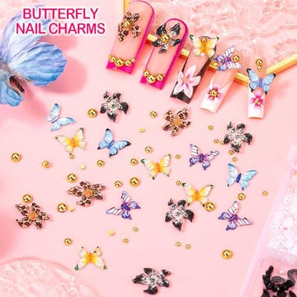 8000pcs 3D Nail Charms and Gems - Cute Rhinestones Variety Pack for Nail Art, Butterfly Bow Moon Star Flower Gold Pearls