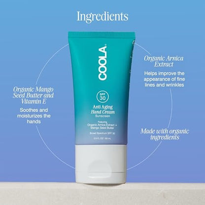 COOLA Anti-Aging Hand Cream SPF 30 - Moisturizing Sunscreen with Mango Seed Butter & Vitamin E, 2 Fl Oz