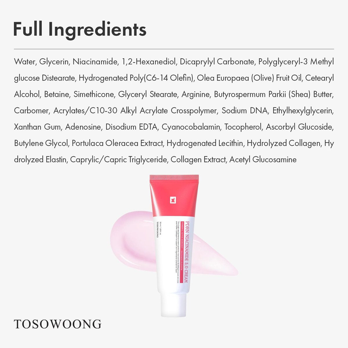 TOSOWOONG PDRN Niacinamide 5.0 Cream – Dark Spot Remover & Hydrating Moisturizer with Salmon DNA, Korean Skincare 50ml Avelisse