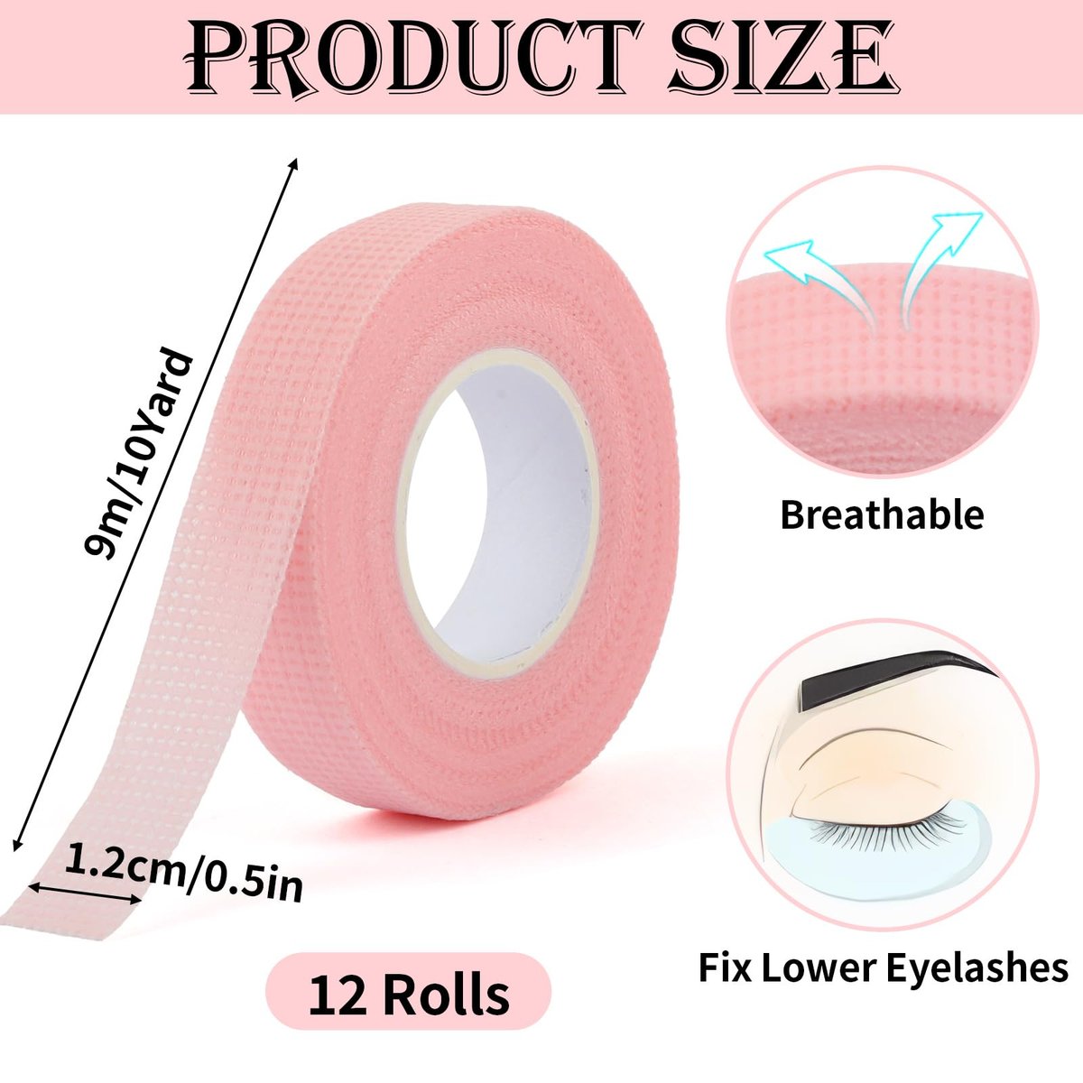 BEVTEE 12 Rolls Lash Tape - Self-Adhesive Eyelash Tape for Extensions & Makeup, Soft Breathable Micropore Tape, 9m per Roll, Pink - görsel 3