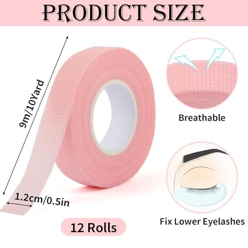 BEVTEE 12 Rolls Lash Tape - Self-Adhesive Eyelash Tape for Extensions & Makeup, Soft Breathable Micropore Tape, 9m per Roll, Pink - görsel 4