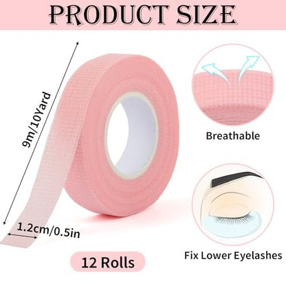 BEVTEE 12 Rolls Lash Tape - Self-Adhesive Eyelash Tape for Extensions & Makeup, Soft Breathable Micropore Tape, 9m per Roll, Pink