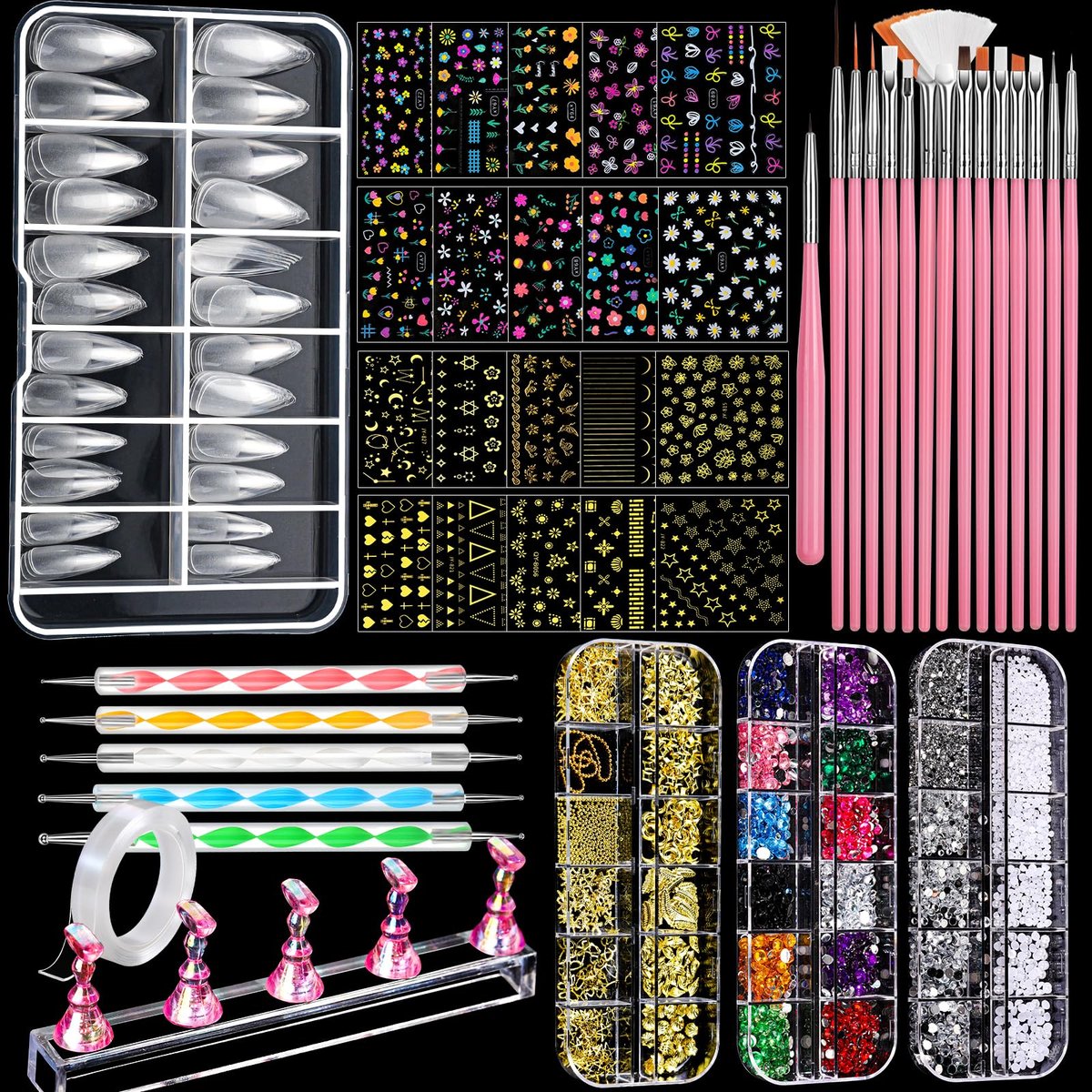 FANDAMEI Nail Art Brushes Kit - Complete Set with Dotting Tools, Rhinestones, Pearls, Charms, Gems, Stickers, and Nail Stand for Press-On Nails - görsel 1