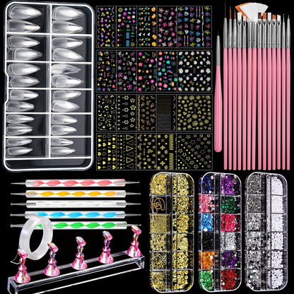 FANDAMEI Nail Art Brushes Kit - Complete Set with Dotting Tools, Rhinestones, Pearls, Charms, Gems, Stickers, and Nail Stand for Press-On Nails