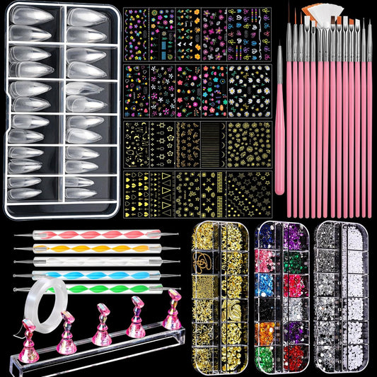 FANDAMEI Nail Art Brushes Kit - Complete Set with Dotting Tools, Rhinestones, Pearls, Charms, Gems, Stickers, and Nail Stand for Press-On Nails