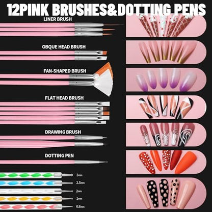 FANDAMEI Nail Art Brushes Kit - Complete Set with Dotting Tools, Rhinestones, Pearls, Charms, Gems, Stickers, and Nail Stand for Press-On Nails