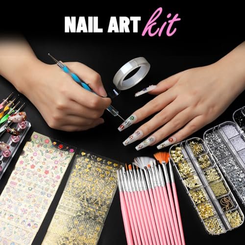 FANDAMEI Nail Art Brushes Kit - Complete Set with Dotting Tools, Rhinestones, Pearls, Charms, Gems, Stickers, and Nail Stand for Press-On Nails - görsel 12